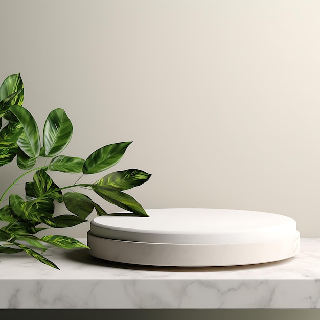 white stone podium product in minimalist theme with green leaf with copy space realistic photo