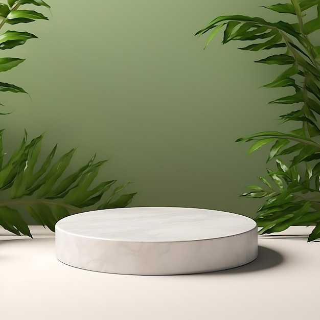 white stone podium product in minimalist theme with green leaf with copy space realistic photo