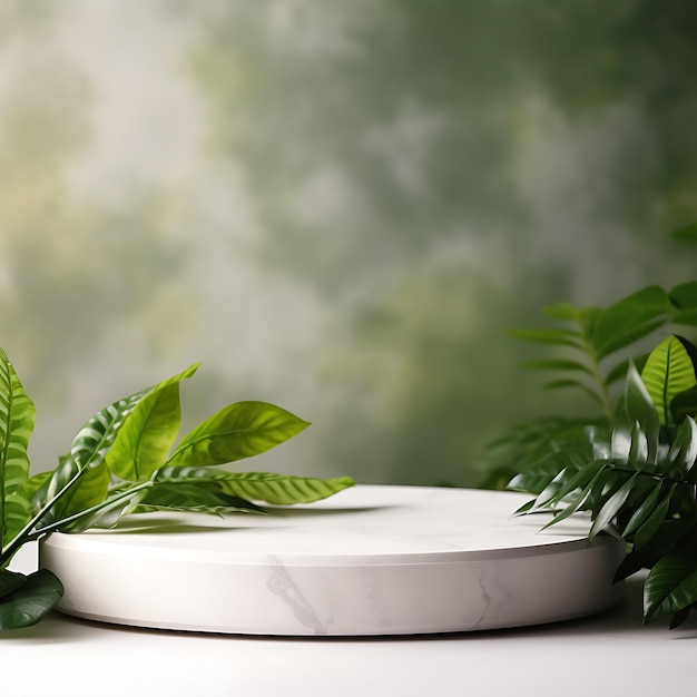 white stone podium product in minimalist theme with green leaf with copy space realistic photo