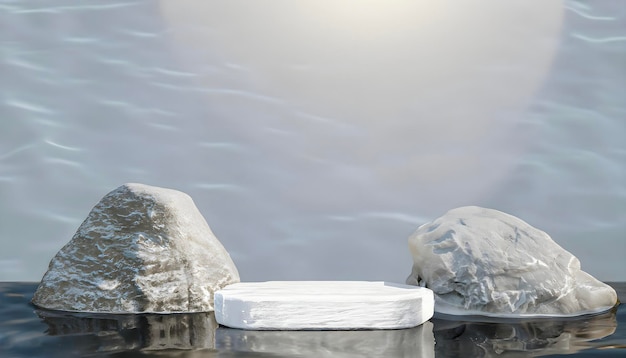 white stone podium in water 3D Rendered