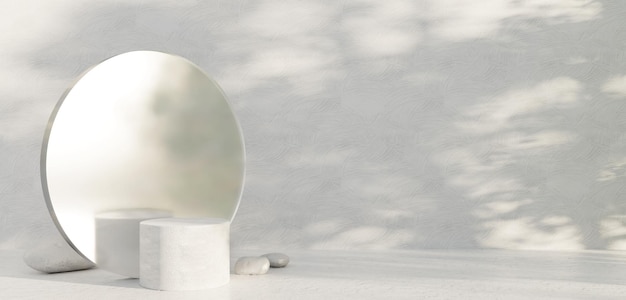 White stone podium with glass minimal abstract with white cylindrical podium shadow white scene