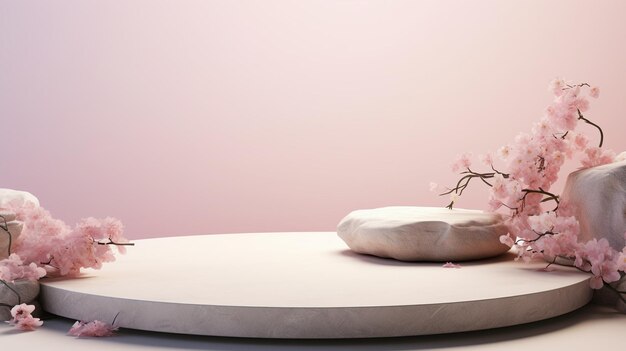 White stone podium with pink cherry blossom flowers on pastel background