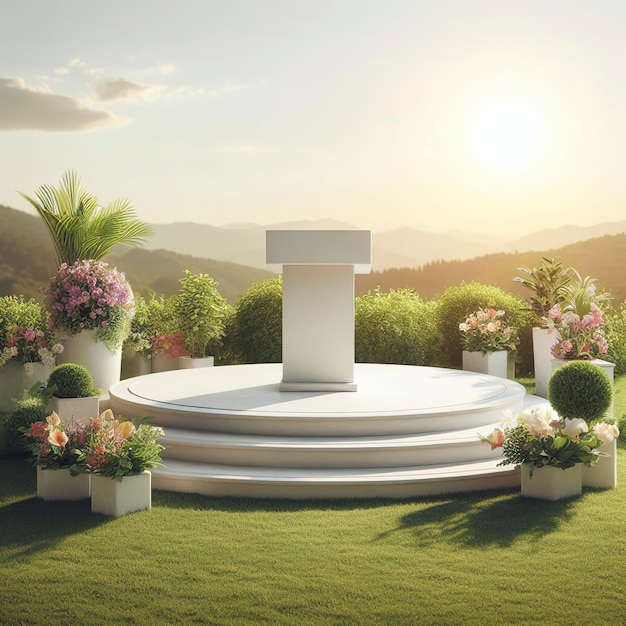 White stone podium with plants