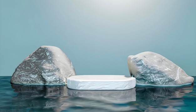 white stone podium with water reflection aqua background