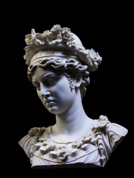 A white stone statue bust of a Greek god with a wreath on her head is shown
