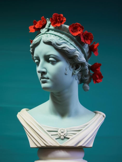 A white stone statue bust of a Greek god with a wreath on her head is shown