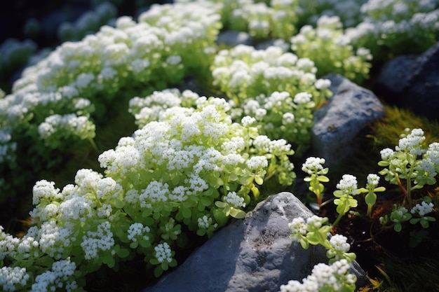 White Stonecrop Sedum album thriving on tombstones