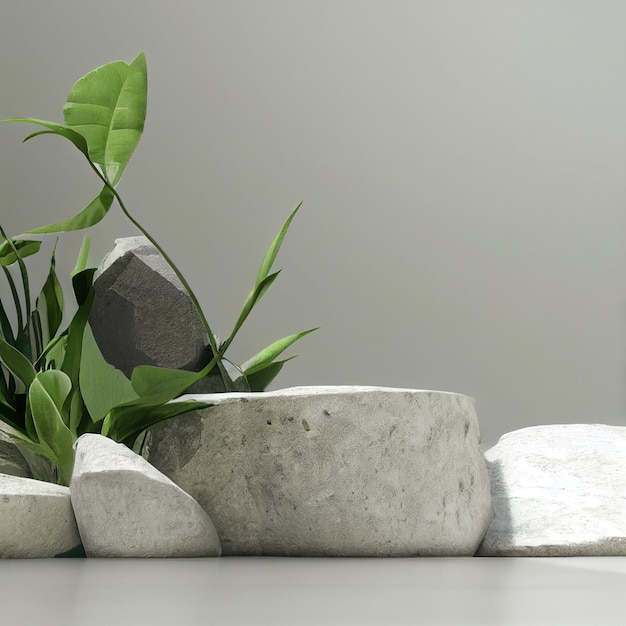 White stones 3d illustration few green leaves aside rock product stage in white empty room display