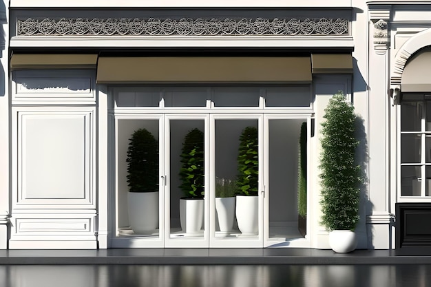 A white storefront with plants in pots.