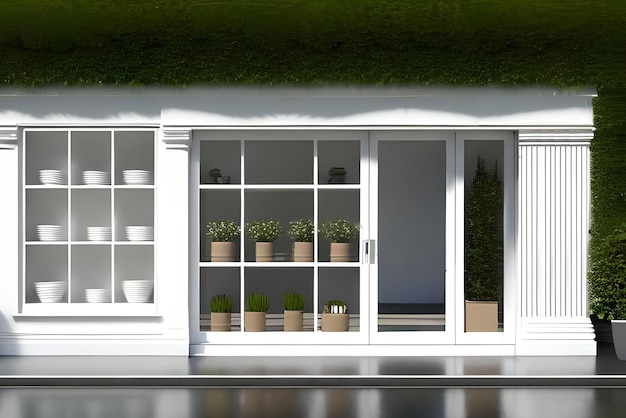 A white storefront with pots of plants on the windows.