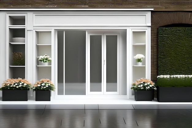 A white storefront with a white door and white flowers.