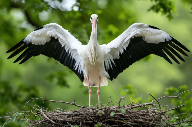 Photo a white stork stands in a nest with its wings spread out