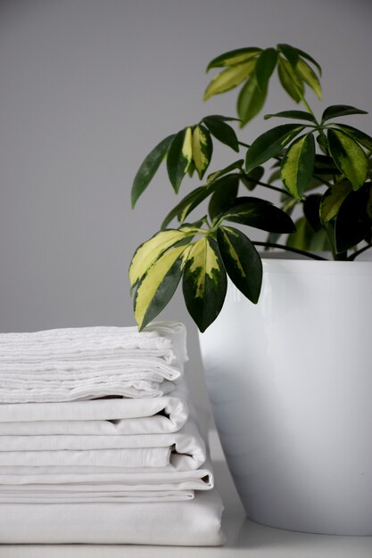 White striped bedding and houseplant in a white pot on a white table