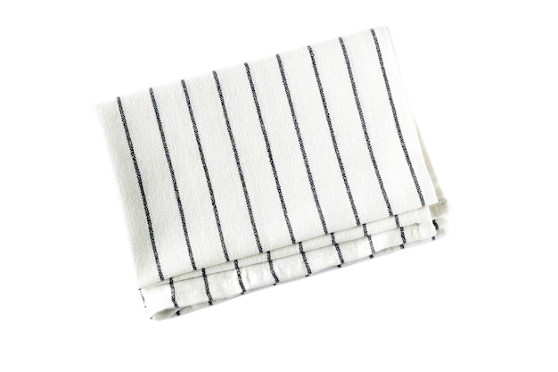 White striped cotton kitchen dish towel on insulated white background