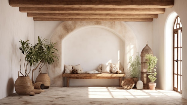 White stucco wall and ceiling with wooden beams in farmhouse hallway Generative AI