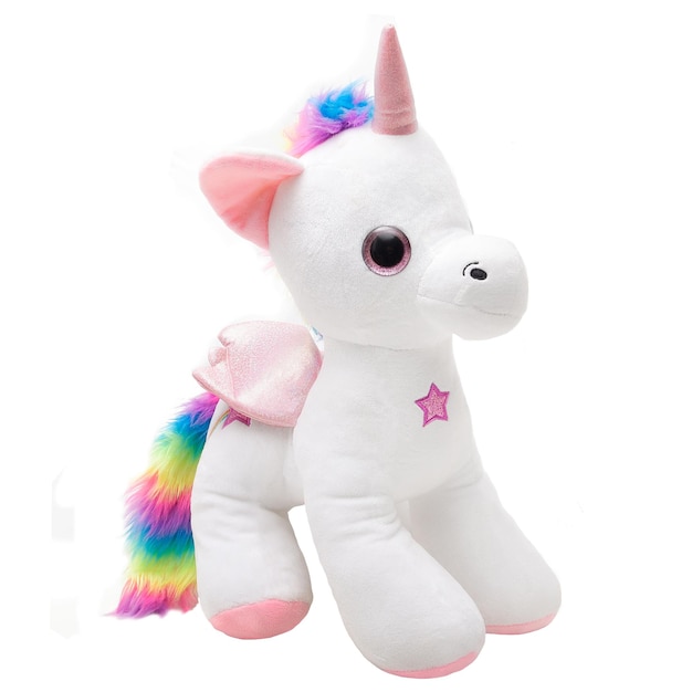 a white stuffed animal with a pink unicorn tail.