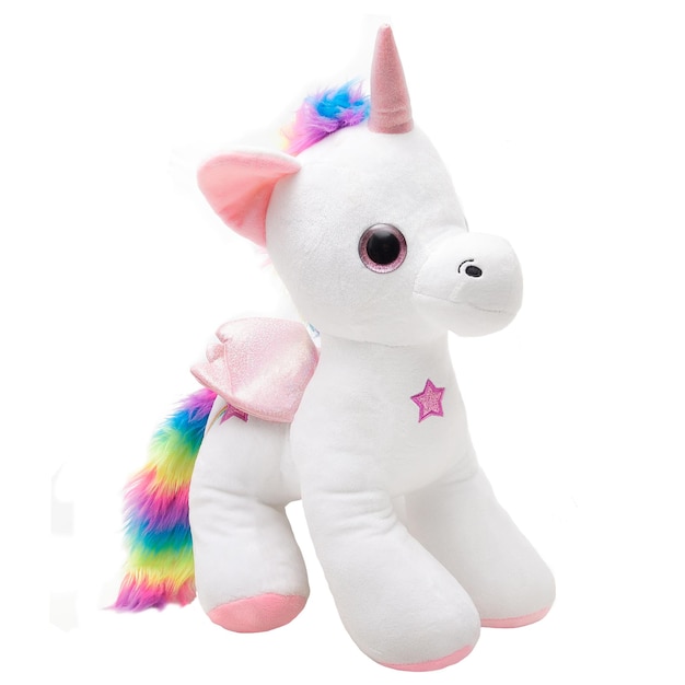 A white stuffed animal with a pink unicorn tail.