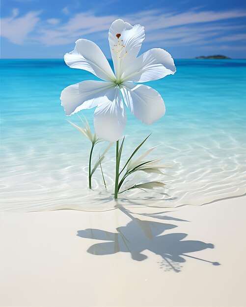 Photo white style flower on sand and palm sea