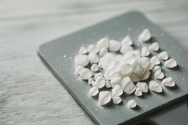 Foto cristalli di zucchero bianco sulla tavola grigia