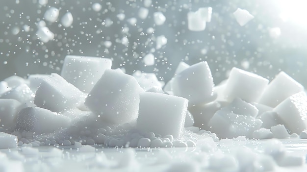 Белые кубики сахара падают и брызгают на белую поверхность в замедленном движении