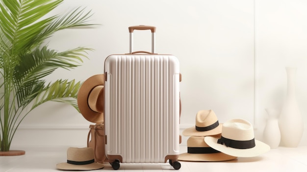 A white suitcase ready for travel is surrounded by stylish hats and a green plant