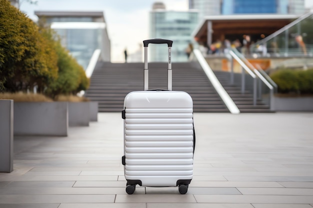 a white suitcase on a stone surface