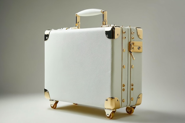A white suitcase with gold handles sits on a white background