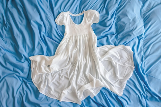 하 여름 드레스가 파란 침대 위에 펼쳐져 있습니다.