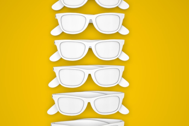 White sunglasses on a bright yellow background summertime background 3d rendering