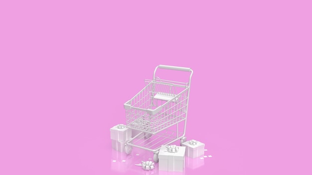 The white supermarket cart and gift box on pink background 3d rendering