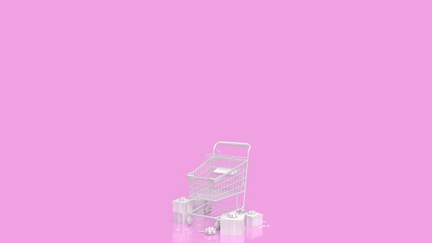 The white supermarket cart and gift box on pink background 3d rendering