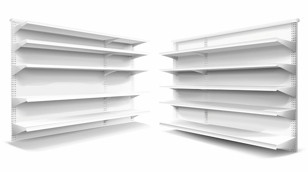 Foto modello bianco di scaffale di supermercato con scaffali per l'esposizione dei prodotti realistico set di illustrazioni moderne 3d di scaffali di libri in diverse angole modello vuoto di materiali promozionali per i negozi