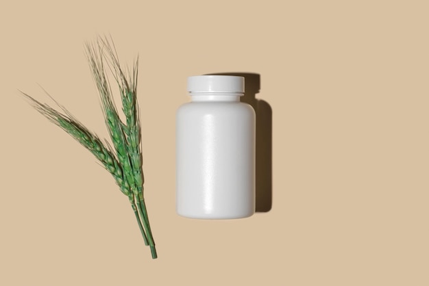 White supplement bottle Medicine mockup Blank label vitamin template Natural organic bio Pills jar Beige studio color background Clear packaging Top view Trendy Product presentation Wheat ear