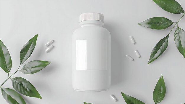 A white supplement bottle with a blank label next to green leaves on a pure white background