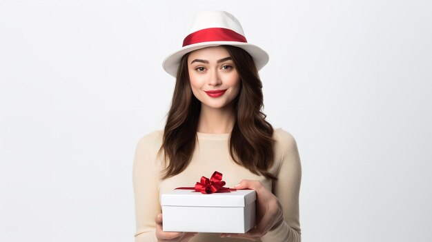 On a white surface a brunette lady with a cap holds a gift package with red ribbon empty space generative ai