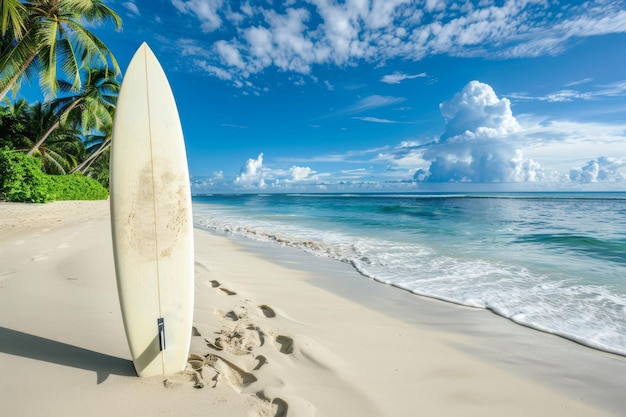 A white surfboard is laying on the sand at the beach