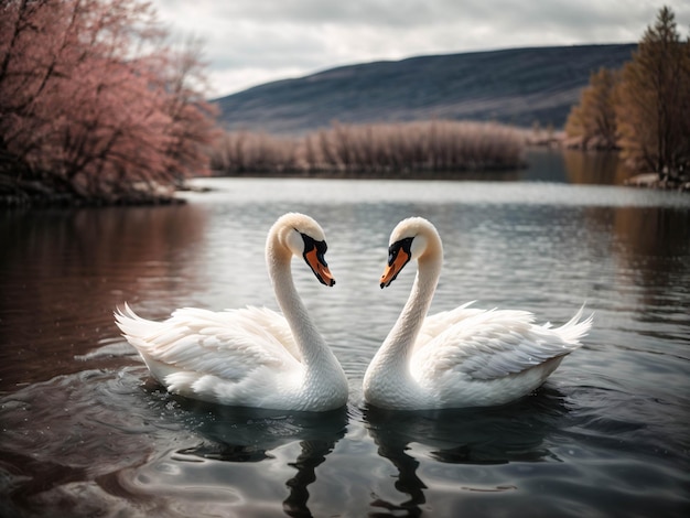 Photo white swan couple swimming on the lake forming love shape with sunset tree forest background