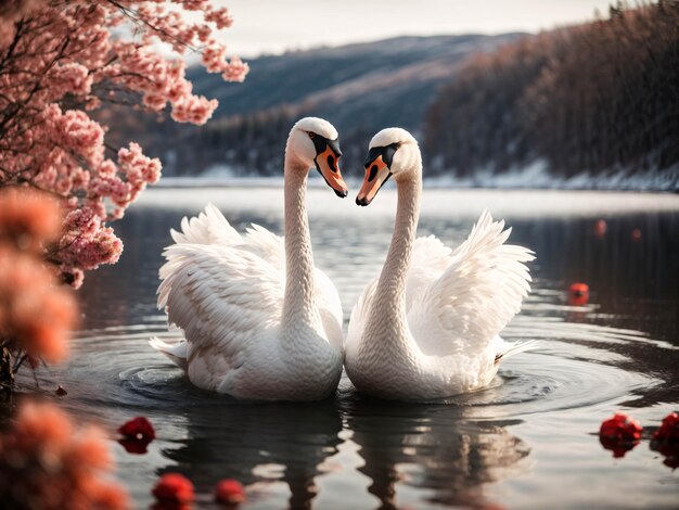 Foto coppia di cigni bianchi che nuotano sul lago formando una forma d'amore con lo sfondo di una foresta di alberi al tramonto