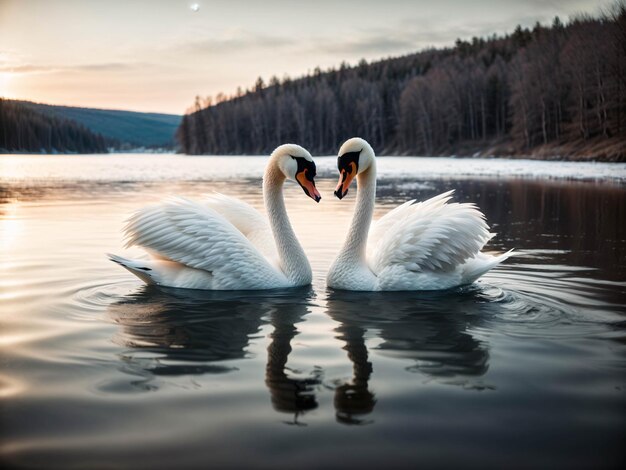 Foto coppia di cigni bianchi che nuotano sul lago formando una forma d'amore con lo sfondo della foresta di alberi al tramonto