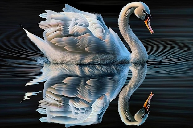 A white swan is reflected in the water and the reflection is from the reflection.