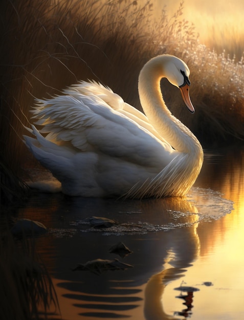 A white swan is swimming in the water.