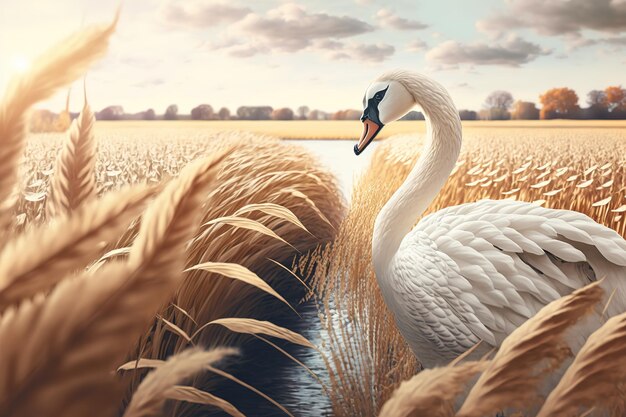 Cigno bianco vicino a uno stagno con spighe di grano gialle contro un cielo blu ia generativa