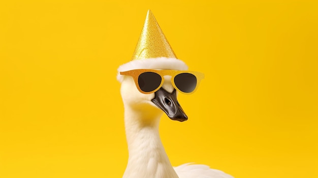 White swan in party hat and sunglasses on orange background with balloons