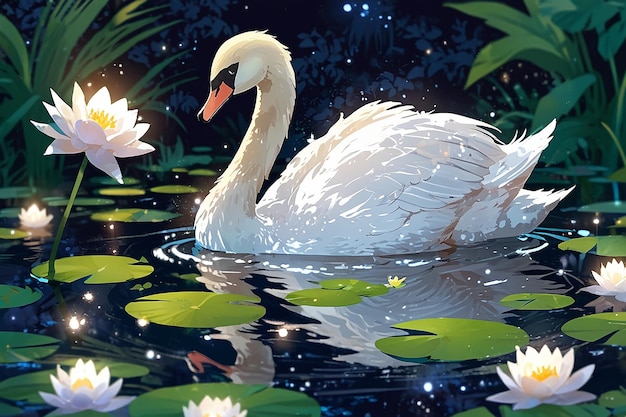 A white swan swimming in a pond with water lilies