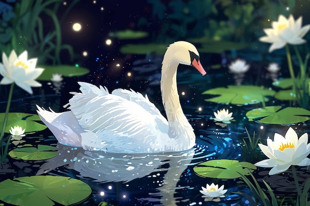 A white swan swimming in a pond with water lilies