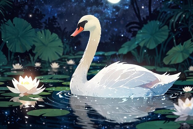 A white swan swimming in a pond with water lilies