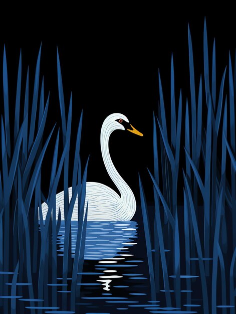 A white swan in water surrounded by tall grass