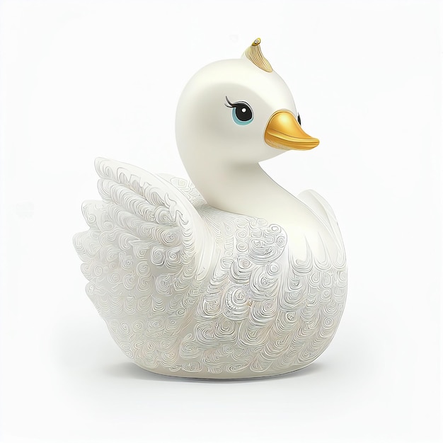 A white swan with blue eyes is on a white background.