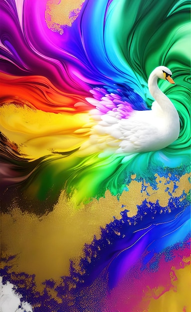 A white swan with a rainbow colored background