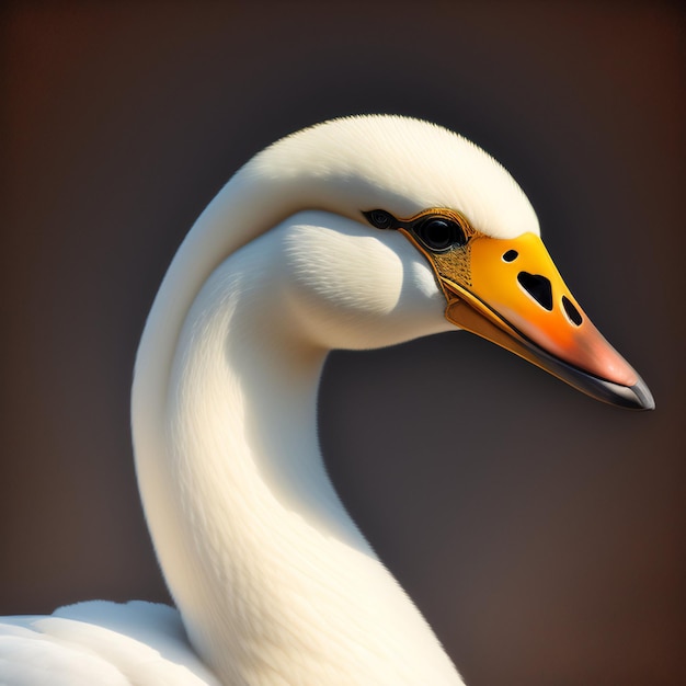 A white swan with a yellow beak and a black dot on its beak.